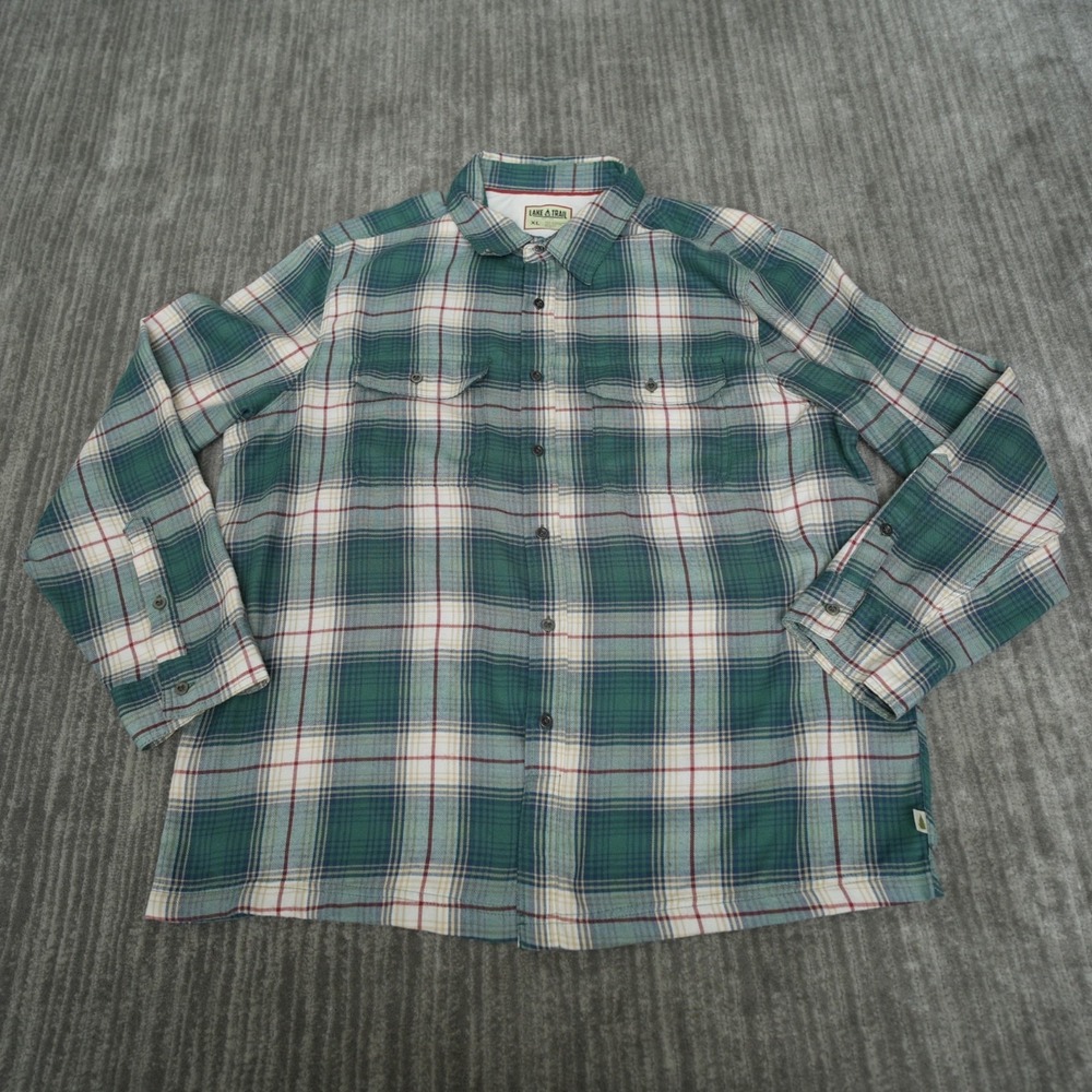 Lake And Trail Flannel Shirt Men Button Up Green Long Sleeve 2 Pockets XL